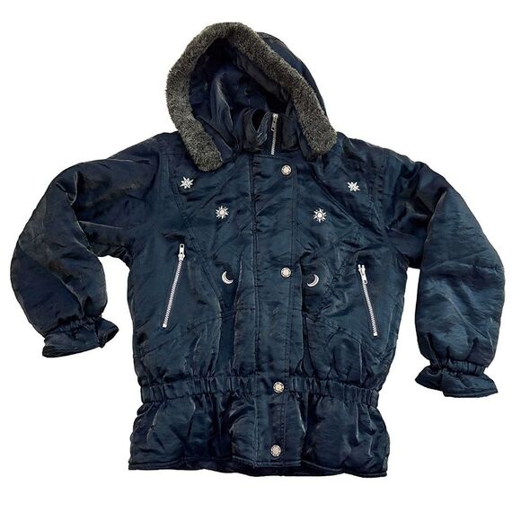 Vintage Celestial Puffer Jacket | Navy Blue Faux Fur Hood – Y2K Moon & Sun - Picture 11 of 12